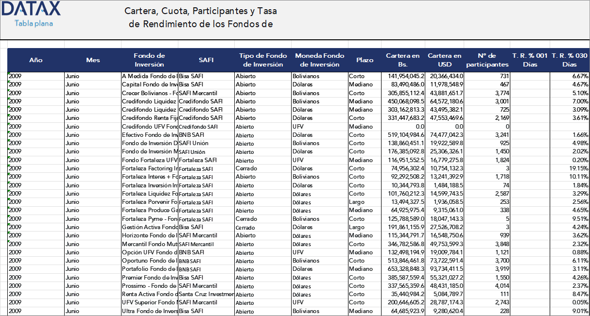 Cartera, Cuota, Participantes y Tasa de Rendimiento de los Fondos de Inversión