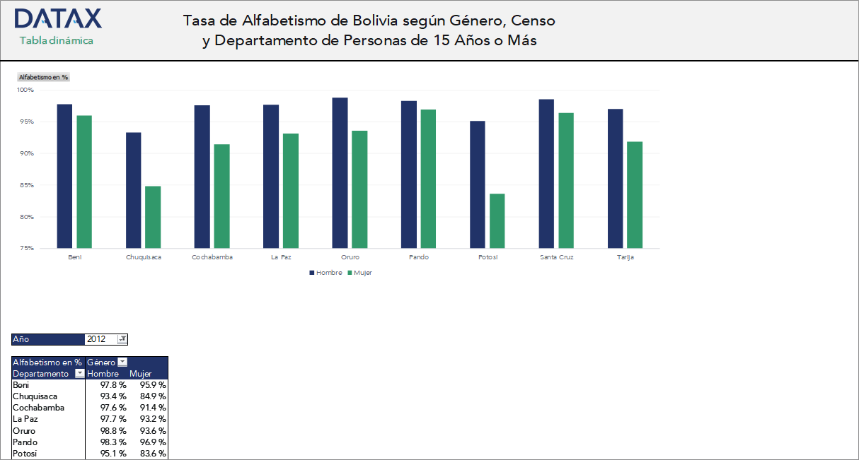 Literacy Rate in Bolivia by Gender, Census, and Department for Persons Aged 15 and Over